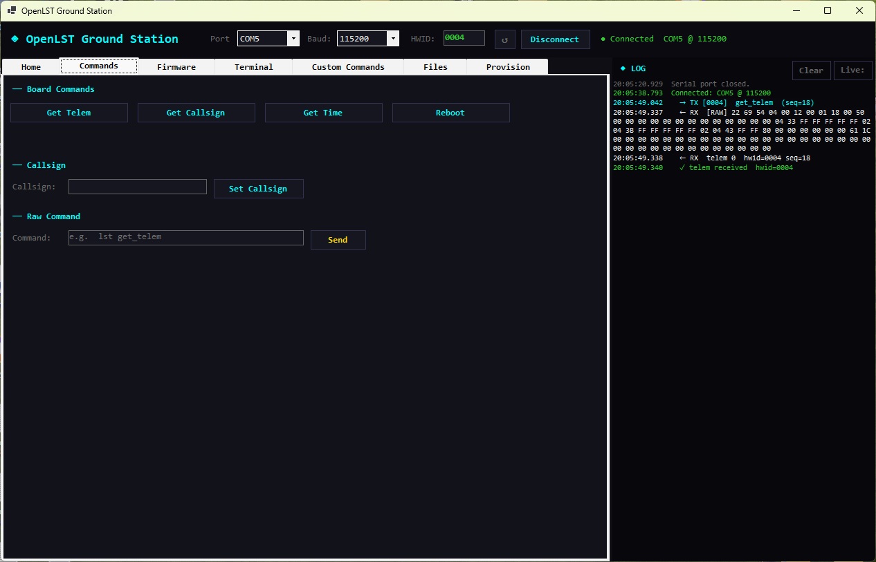 OpenLST Ground Station Commands tab