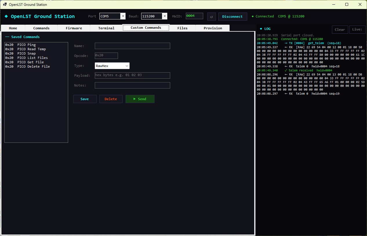 OpenLST Ground Station Custom Commands tab