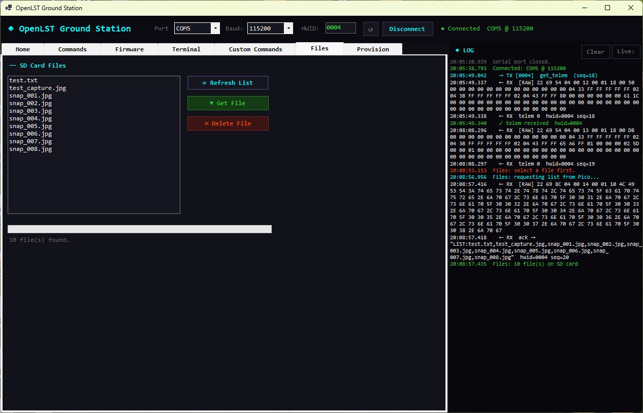 OpenLST Ground Station Files tab showing SD card file listing
