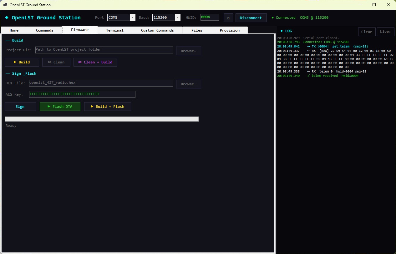OpenLST Ground Station Firmware tab with OTA flash
