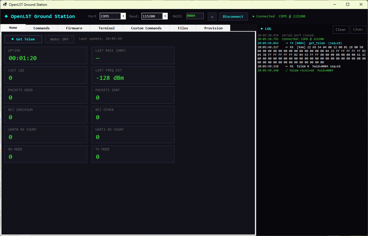 OpenLST Ground Station Home tab showing live telemetry