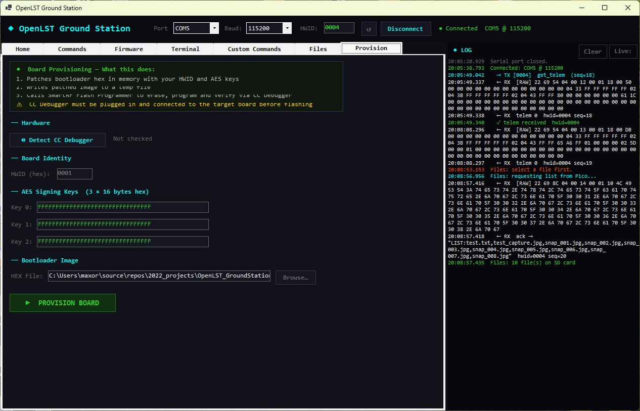 OpenLST Ground Station Provision tab for bootloader flashing